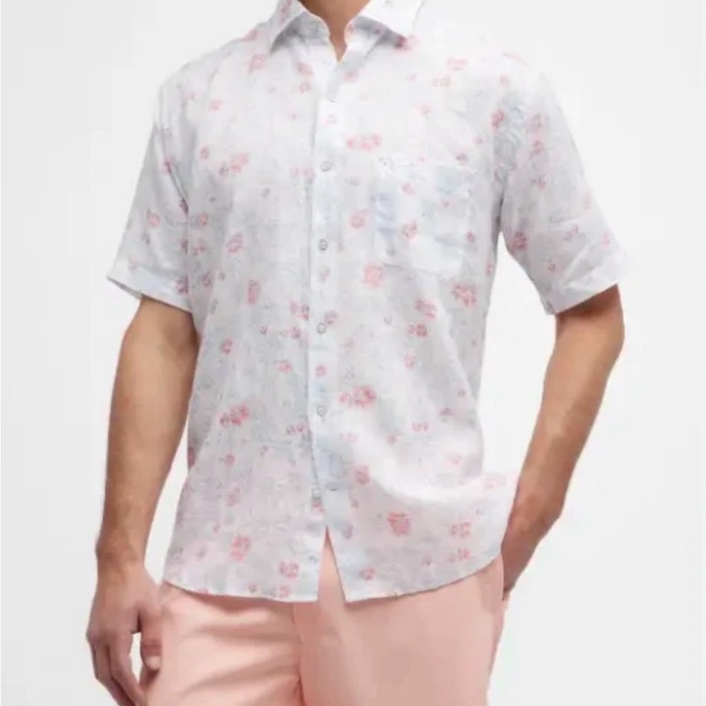 Peter Millar Crown Palm Haven Linen Sport Shirt Men's Size L Button Down